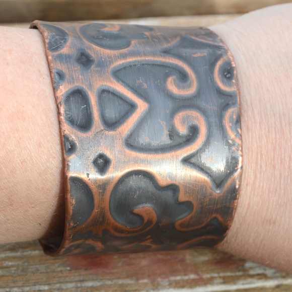 Conceptual Subculture Jewelry - Solid Copper Filigree Wide Cuff Bracelet Damask Patina Embossed Handmade Custom